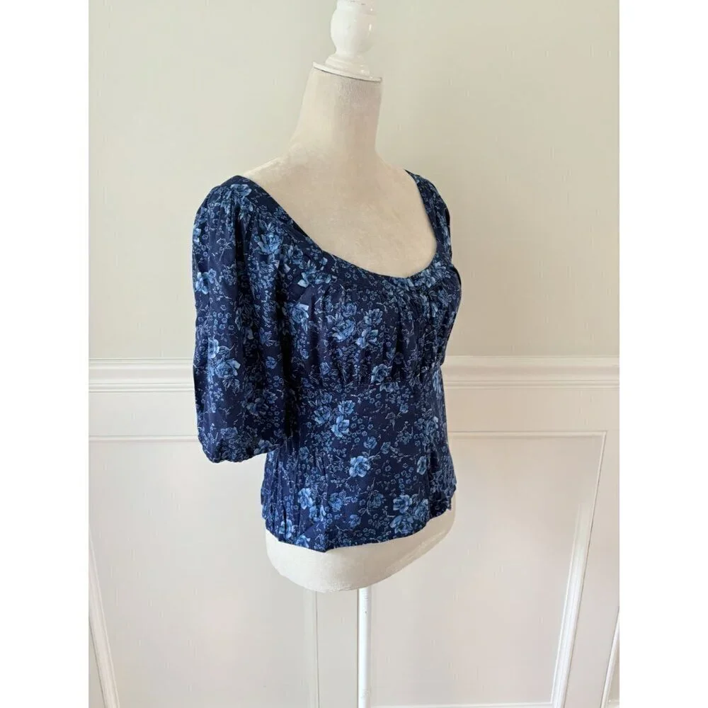 Old Navy Blue Floral Puff Sleeve Blouse Stretch S